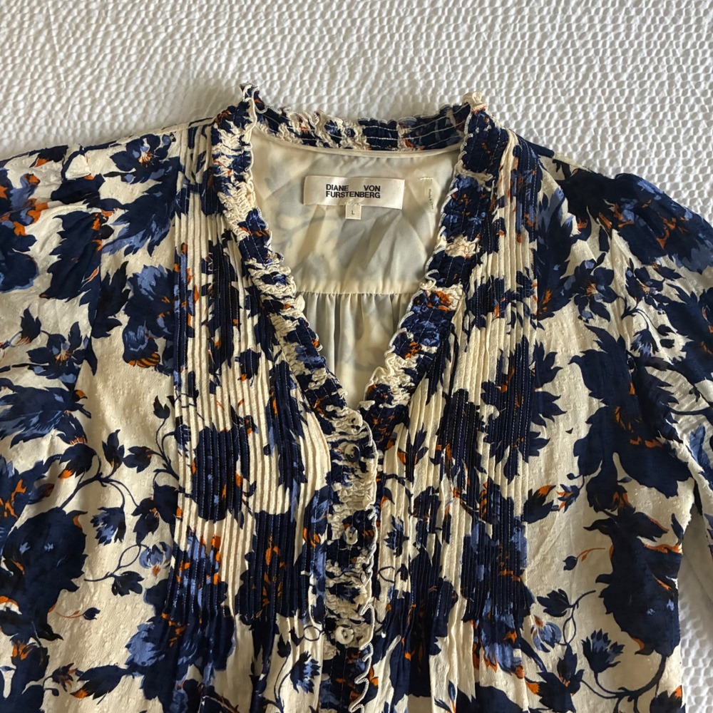 DVF Layla Shirt Dress Sz L Blue & Orange Floral Pintuck Boho Cottage Core - Picture 5 of 11